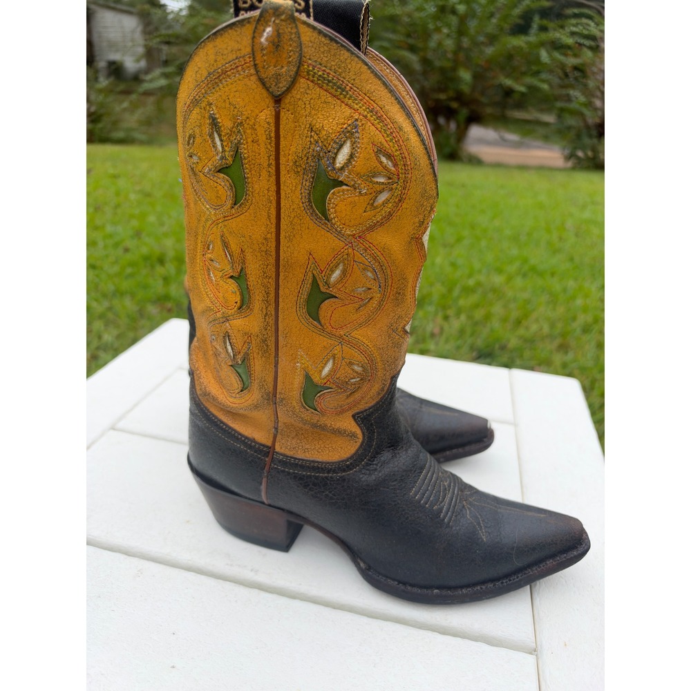 Justin Boots Womens 7.5 B Black Yellow Inlay Western Cowboy Boots L6302